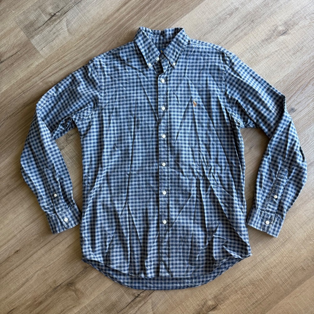 Ralph Lauren Classic Fit Gingham Button Down Shirt Mens Medium Blue Grey Pony